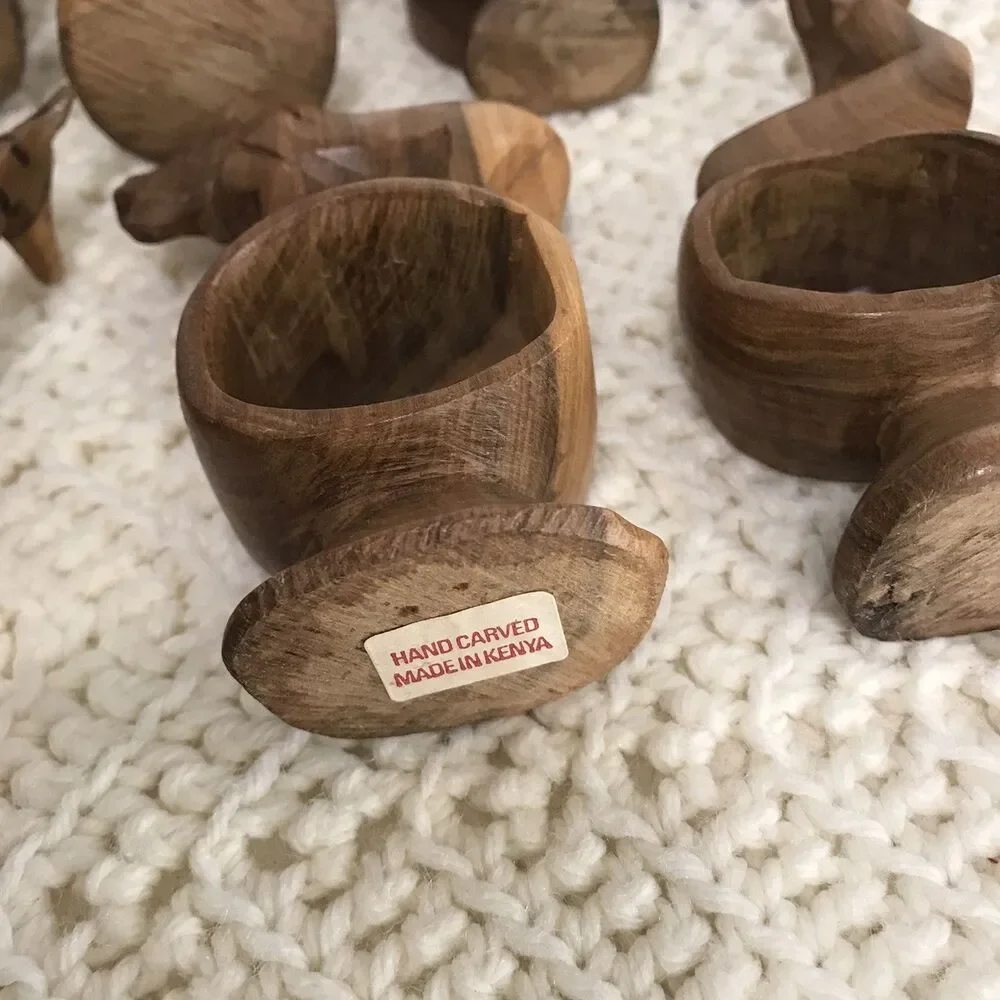 Vintage Hand Carved Wooden African Safari Animal Napkin Ring Holders Set of 8